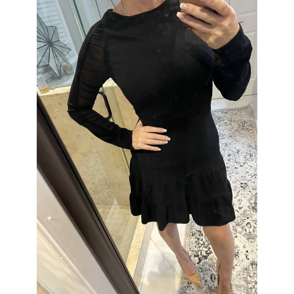 Karen Millen Black Fit Flare Long Sleeve Mesh Knit Sweater Dress 1 KP161
